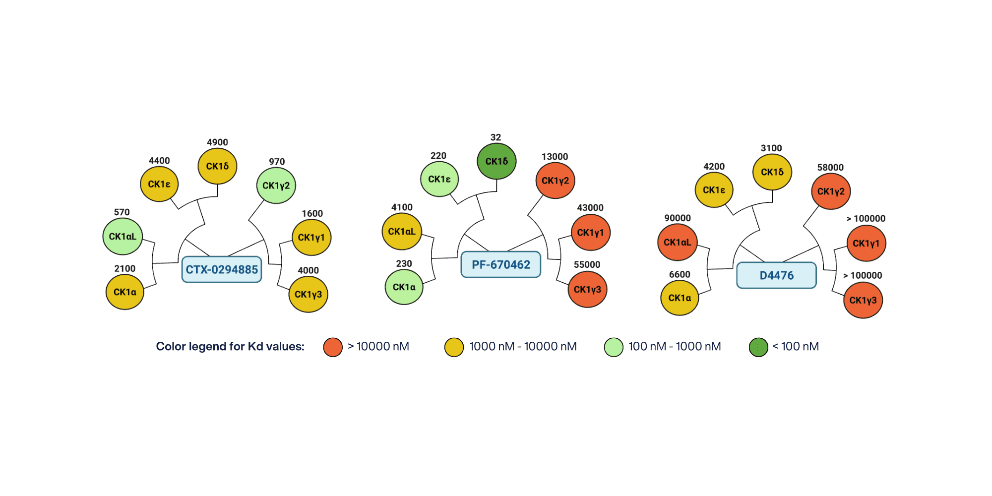 Selectivity of CTX-0294885, PF-670462 and D4476 across CK1 isoforms, colour-coded by Kd
